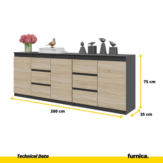 MIKEL - Komoda se 6 šuplíky a 3 dveřmi - Skříň na oblečení do ložnice - Anthracit / Sonoma dub - Výška 75 cm, šířka 200 cm, hloubka 35 cm.