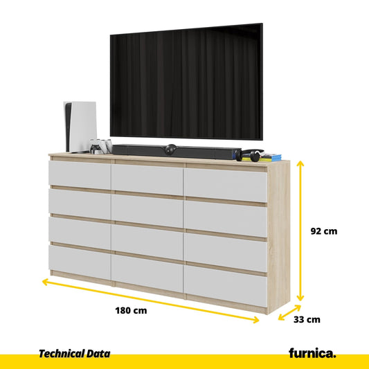 GABRIEL - Komoda se 12 šuplíky (8+4) - Skříň na oblečení do ložnice - Sonoma dub / Bílá H92cm Š180cm D33cm