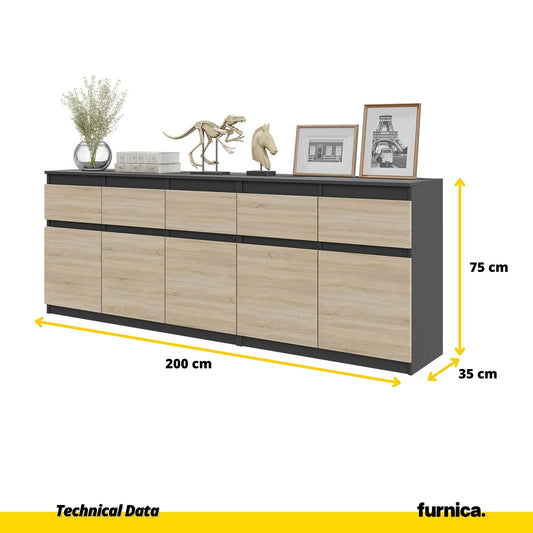 NOAH - Komoda se 5 šuplíky a 5 dveřmi - Skříň na uložení oblečení do ložnice - Anthracit / Sonoma dub - Výška 75 cm, šířka 200 cm, hloubka 35 cm.