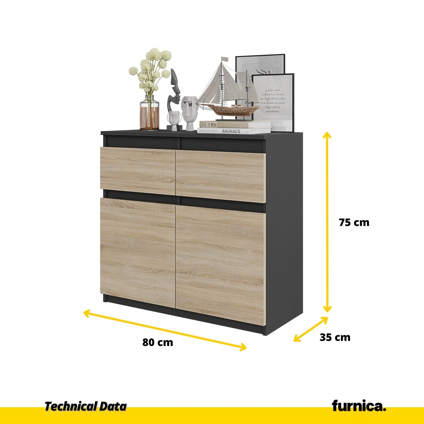 NOAH - Komoda se 2 šuplíky a 2 dveřmi - Skříň na uložení oblečení do ložnice - Anthracit / Sonoma dub - Výška 75 cm, šířka 80 cm, hloubka 35 cm.