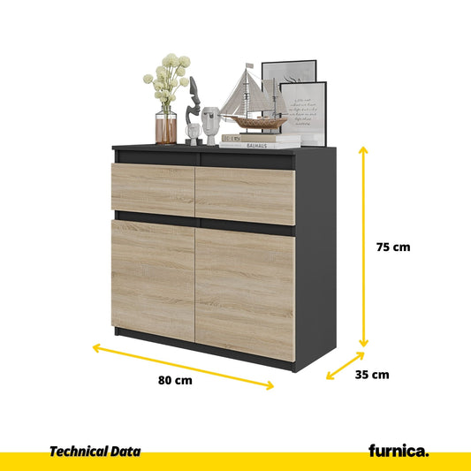 NOAH - Komoda se 2 šuplíky a 2 dveřmi - Skříň na uložení oblečení do ložnice - Anthracit / Sonoma dub - Výška 75 cm, šířka 80 cm, hloubka 35 cm.