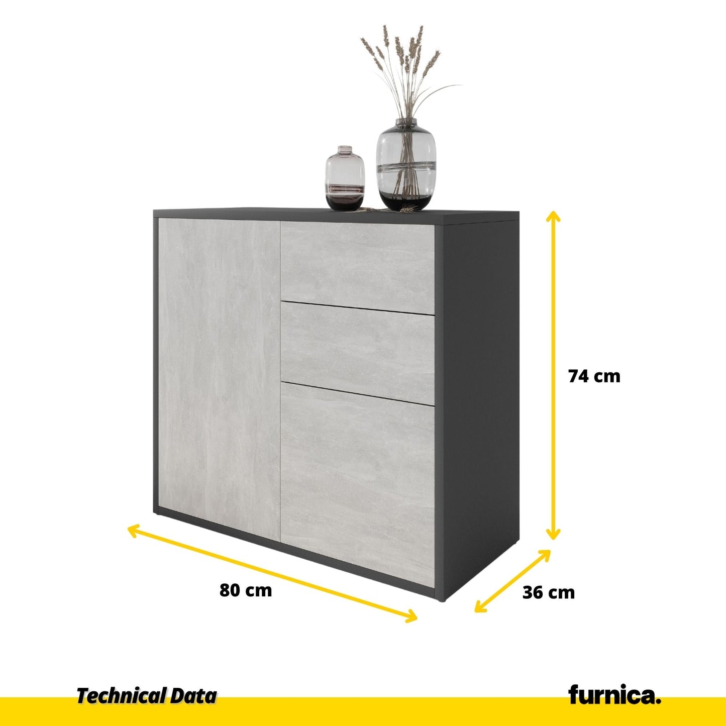 CAMILLE - Skříň s dvěma dveřmi a dvěma šuplíky s otevíráním stisknutím - antracit / beton H74cm W80cm D36cm (2) – Furnica