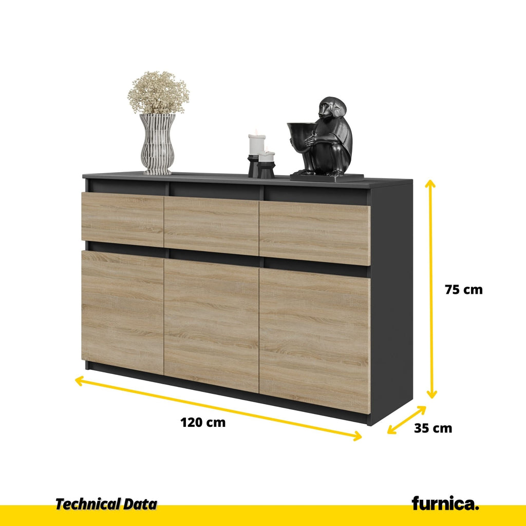 NOAH - Komoda se 3 šuplíky a 3 dveřmi - Skříň na uložení oblečení do ložnice - Anthracit / Sonoma dub - Výška 75 cm, šířka 120 cm, hloubka 35 cm.