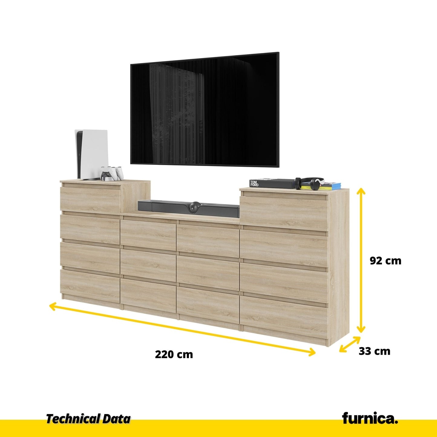 GABRIEL - Komoda se 14 šuplíky (4+6+4) - Skříň na oblečení do ložnice - Sonoma dub - Výška 92 cm, šířka 220 cm, hloubka 33 cm.