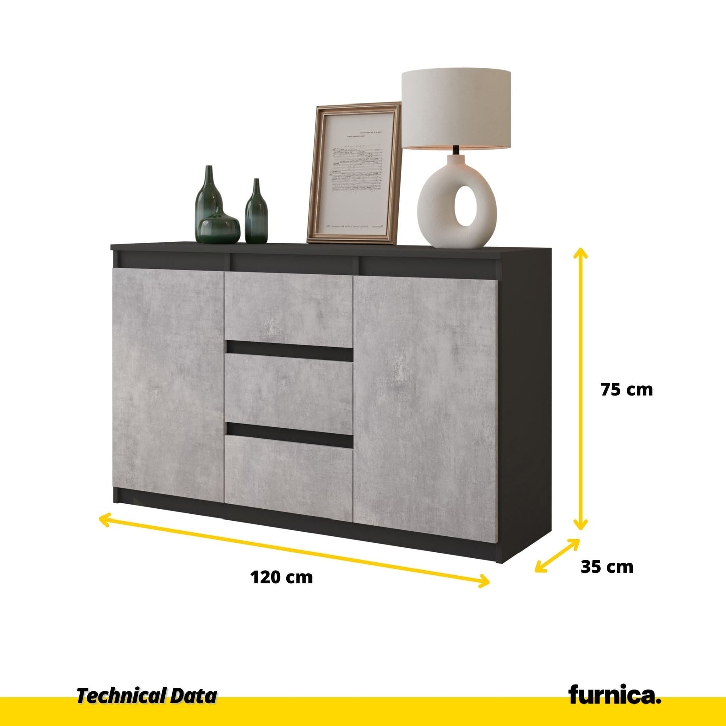 MIKEL - Komoda se 3 šuplíky a 2 dveřmi - Skříň na oblečení do ložnice - Anthracit / Beton - Výška 75 cm, šířka 120 cm, hloubka 35 cm.