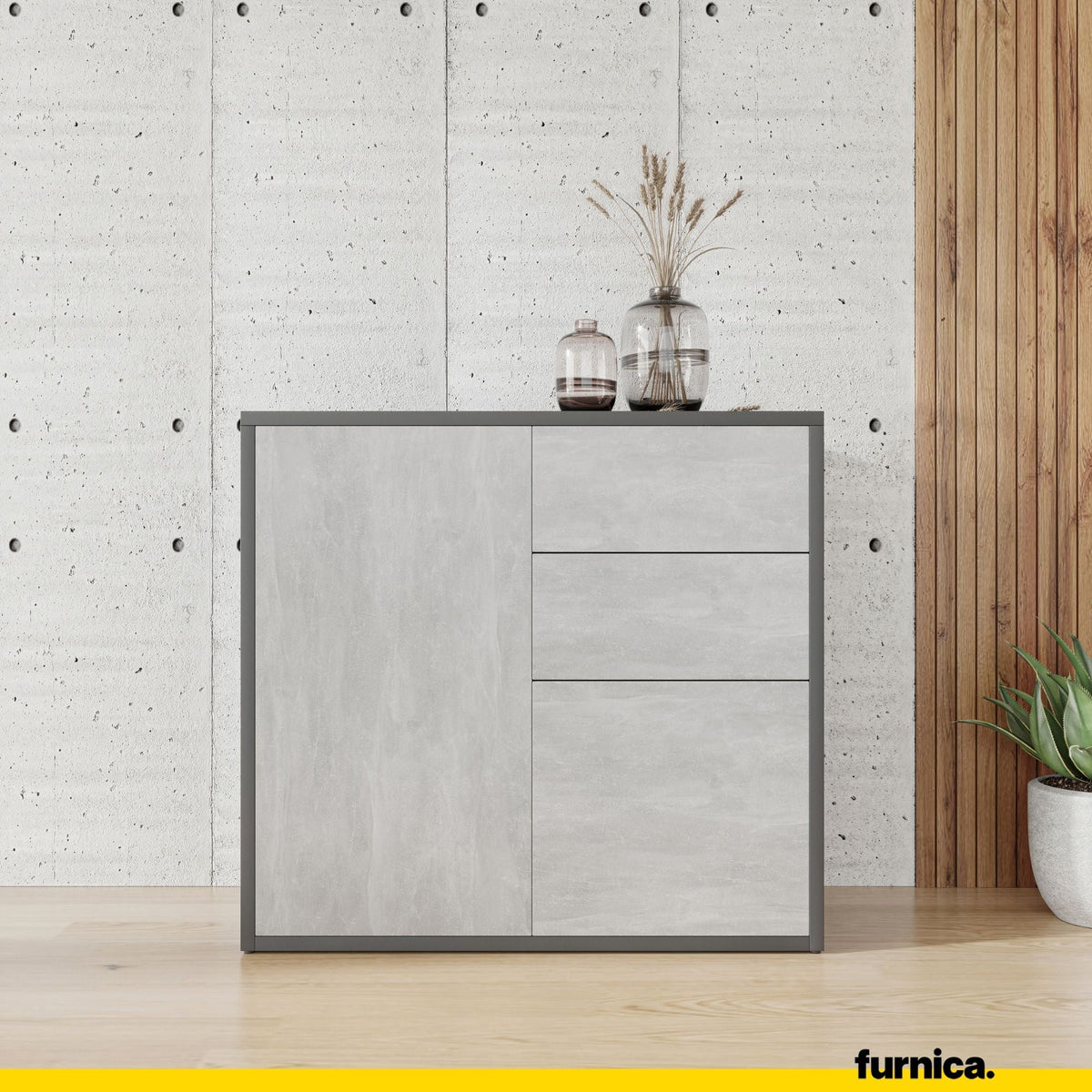CAMILLE - Skříň s dvěma dveřmi a dvěma šuplíky s otevíráním stisknutím - antracit / beton H74cm W80cm D36cm (3) – Furnica