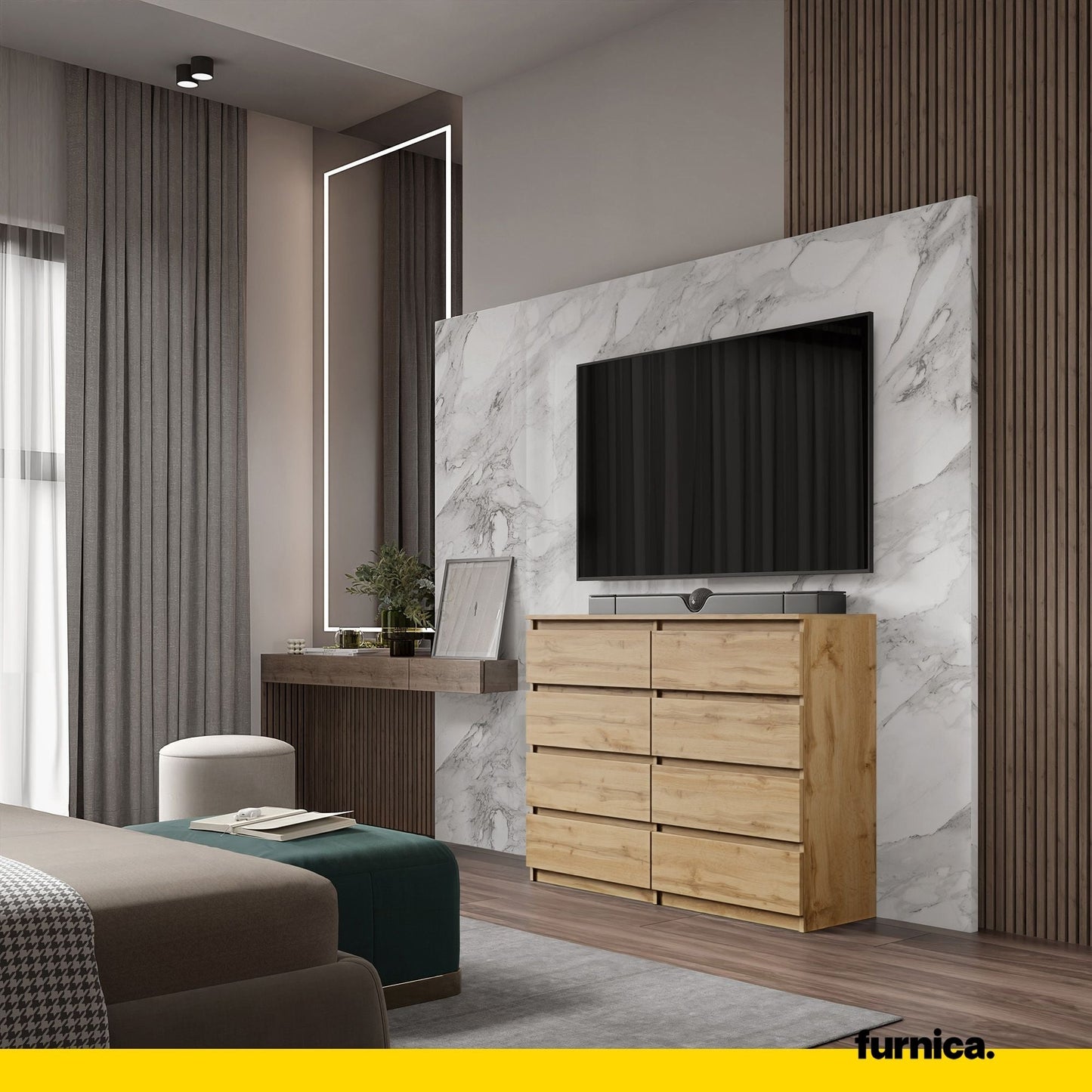 GABRIEL - Komoda se 8 šuplíky - Skříň na oblečení do ložnice - úložný prostor - Wotan dub - V92cm Š120cm H33cm