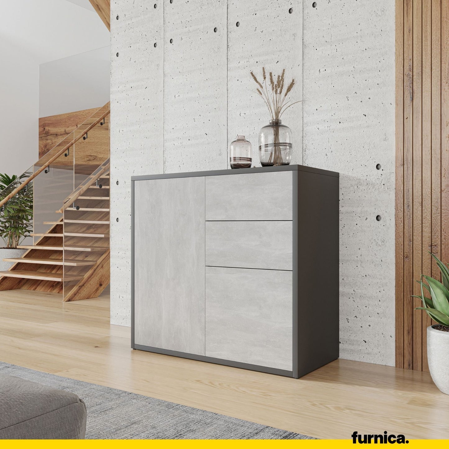 CAMILLE - Skříň s dvěma dveřmi a dvěma šuplíky s otevíráním stisknutím - antracit / beton H74cm W80cm D36cm (4) – Furnica