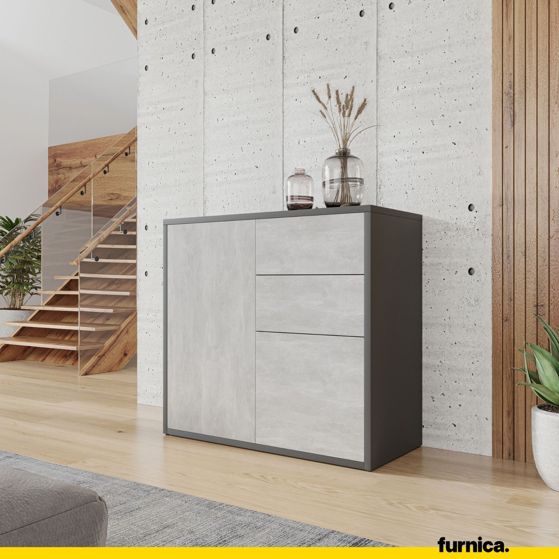 CAMILLE - Skříň s dvěma dveřmi a dvěma šuplíky s otevíráním stisknutím - antracit / beton H74cm W80cm D36cm (4) – Furnica