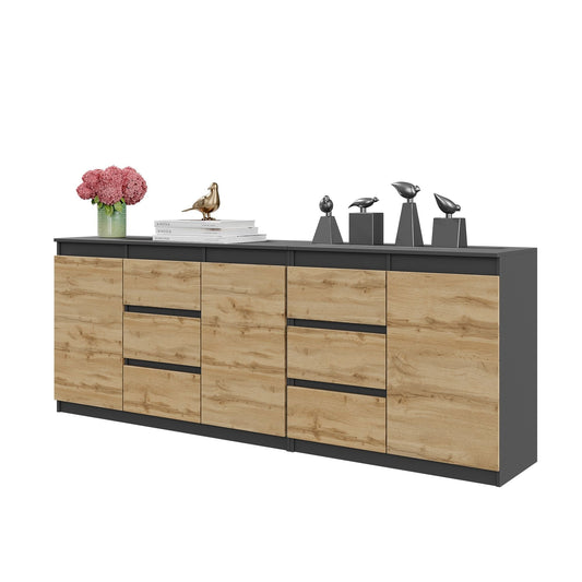 MIKEL - Komoda se 6 šuplíky a 3 dveřmi - Skříň na oblečení do ložnice - Anthracit / Wotan dub H75cm Š200cm H35cm