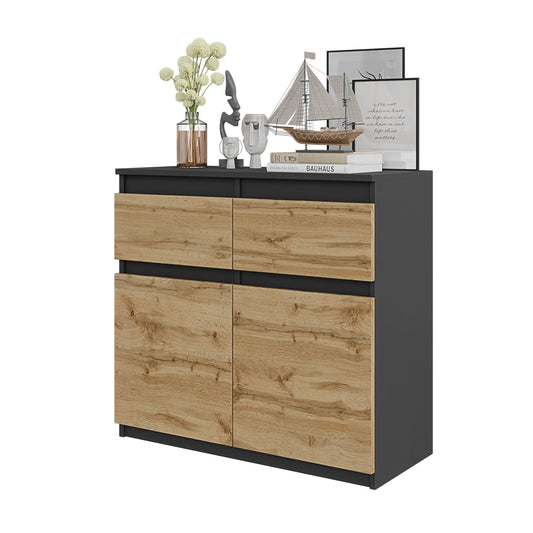 NOAH - Komoda se 2 šuplíky a 2 dveřmi - Skříň na uložení oblečení do ložnice - Anthracit / Wotan dub H75cm W80cm D35cm