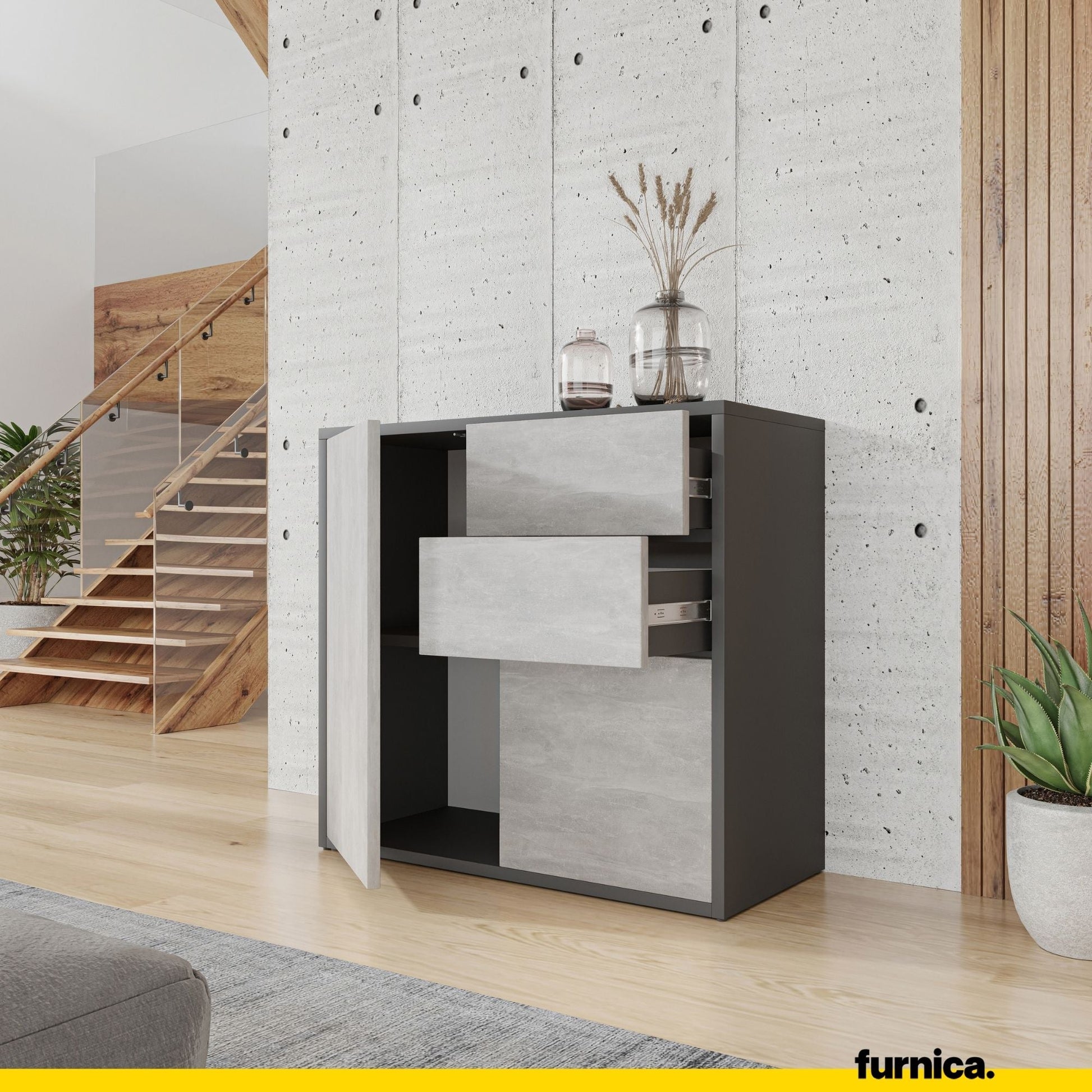 CAMILLE - Skříň s dvěma dveřmi a dvěma šuplíky s otevíráním stisknutím - antracit / beton H74cm W80cm D36cm (5) – Furnica
