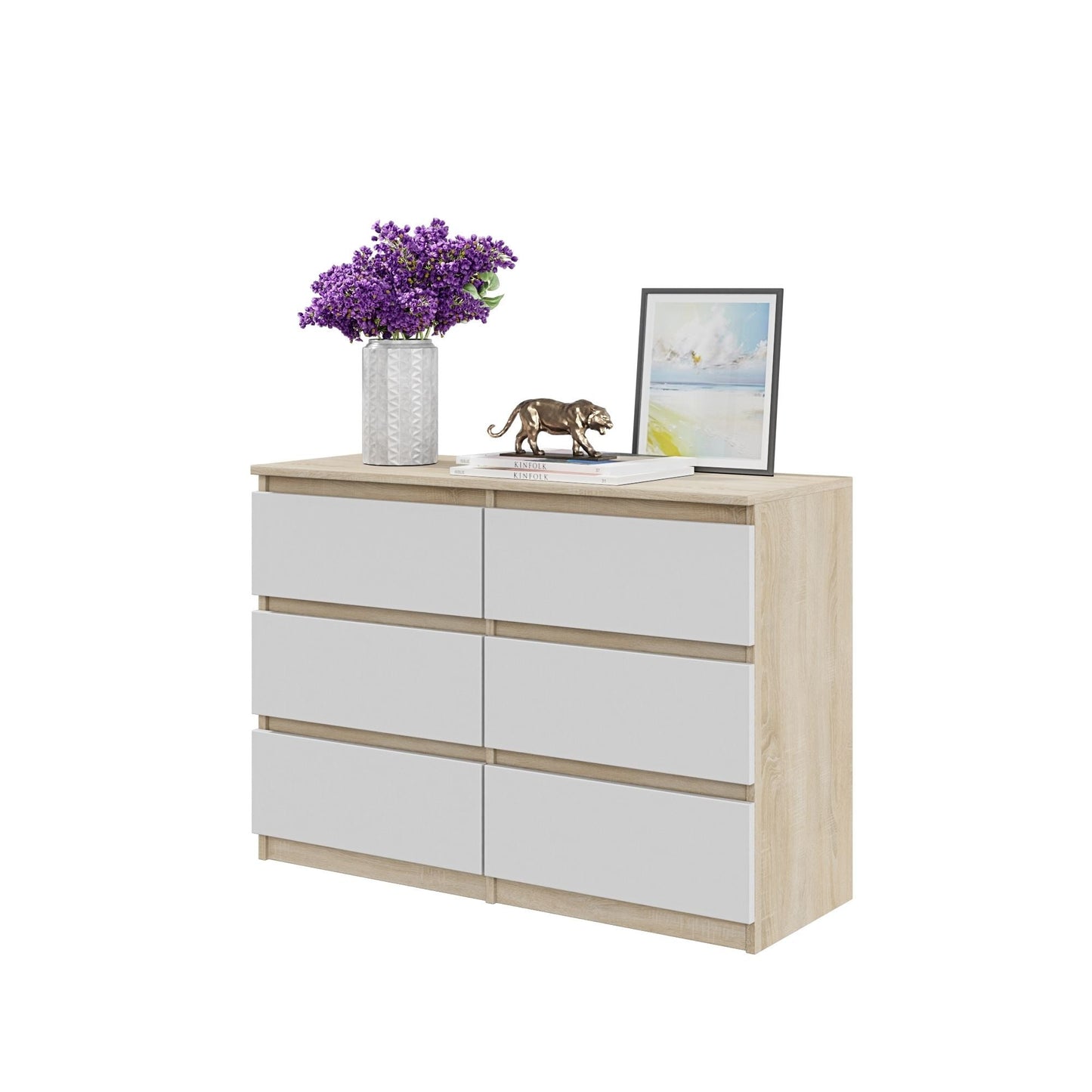 GABRIEL - Komoda se 6 šuplíky - Skříň na oblečení do ložnice - Sonoma dub / bílá H71cm Š100cm D33cm