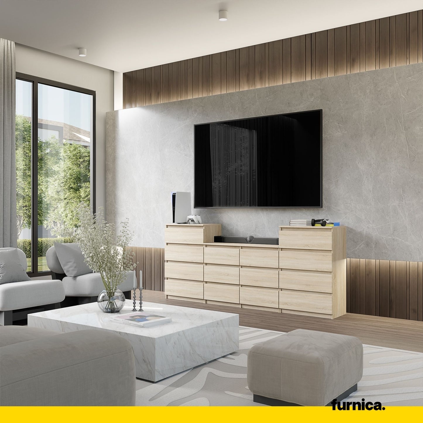 GABRIEL - Komoda se 14 šuplíky (4+6+4) - Skříň na oblečení do ložnice - Sonoma dub - Výška 92 cm, šířka 220 cm, hloubka 33 cm.