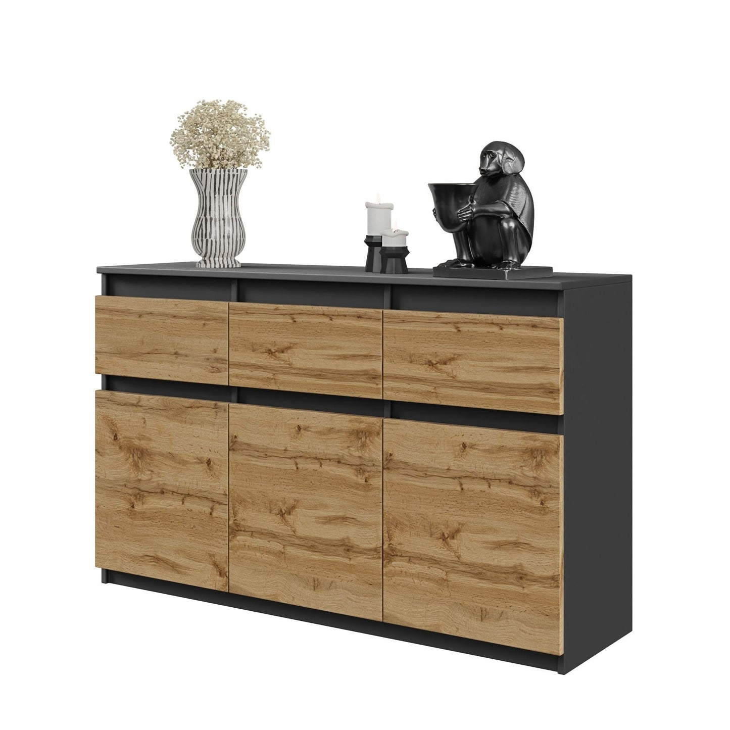 NOAH - Komoda se 3 šuplíky a 3 dveřmi - Skříň na uložení oblečení do ložnice - Anthracit / Wotan dub H75cm W120cm D35cm