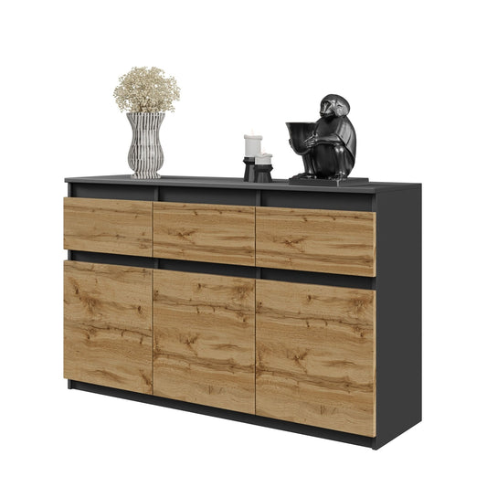 NOAH - Komoda se 3 šuplíky a 3 dveřmi - Skříň na uložení oblečení do ložnice - Anthracit / Wotan dub H75cm W120cm D35cm