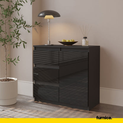 MIKEL - Komoda se 3 šuplíky a 1 dveřmi - Skříň na uložení oblečení do ložnice - Anthracit / Lesklý černý - Výška 75 cm, šířka 80 cm, hloubka 35 cm.
