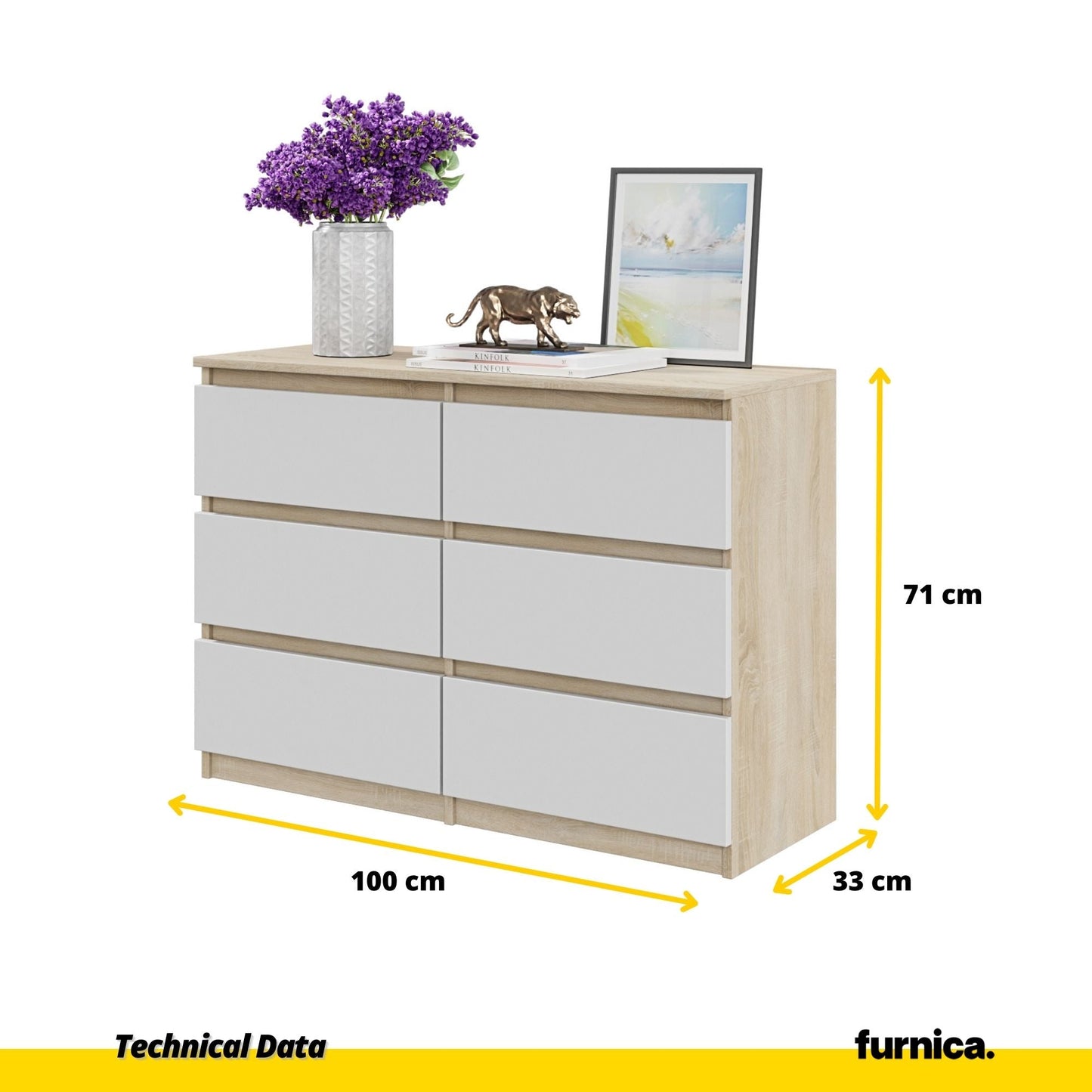 GABRIEL - Komoda se 6 šuplíky - Skříň na oblečení do ložnice - Sonoma dub / bílá H71cm Š100cm D33cm