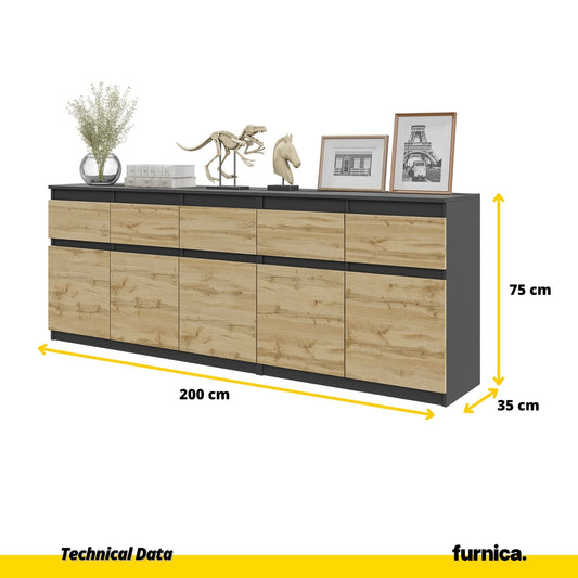 NOAH - Komoda se 5 šuplíky a 5 dveřmi - Skříň na uložení oblečení do ložnice - Anthracit / Wotan dub - V: 75 cm, Š: 200 cm, H: 35 cm