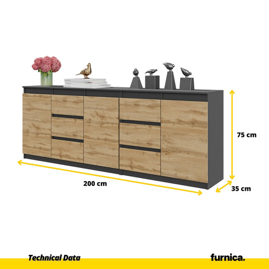 MIKEL - Komoda se 6 šuplíky a 3 dveřmi - Skříň na oblečení do ložnice - Anthracit / Wotan dub H75cm Š200cm H35cm