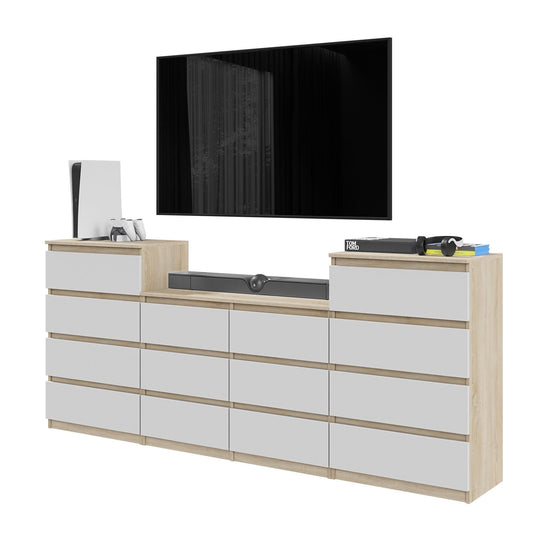 GABRIEL - Komoda se 14 šuplíky (4+6+4) - Skříň na oblečení do ložnice - Sonoma dub / bílá H92cm Š220cm D33cm