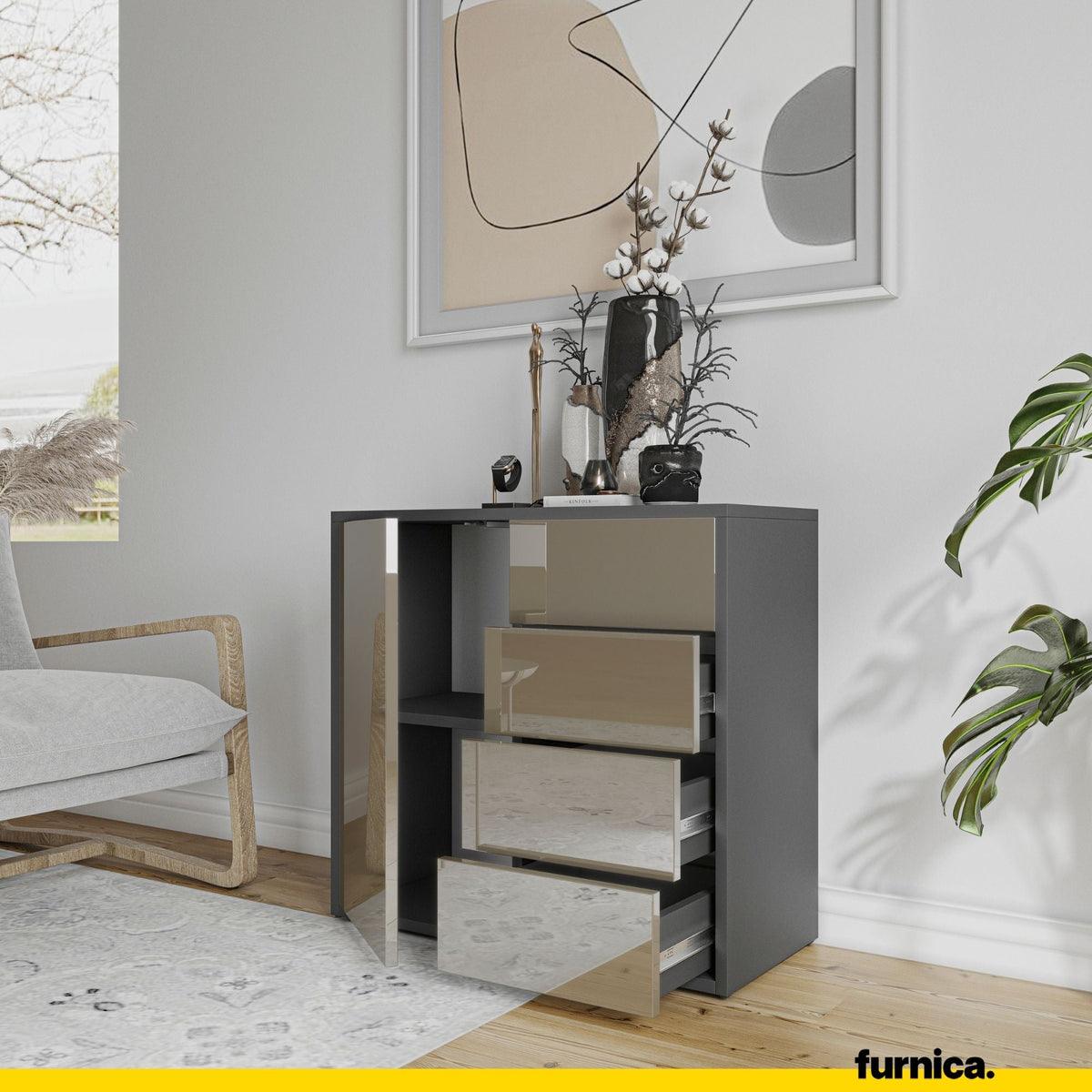 CAMILLE - Skříň s dvířky a 4 zásuvkami s funkcí push to open - antracit / cappuccino lesk H74cm W80cm D36cm (5) – Furnica