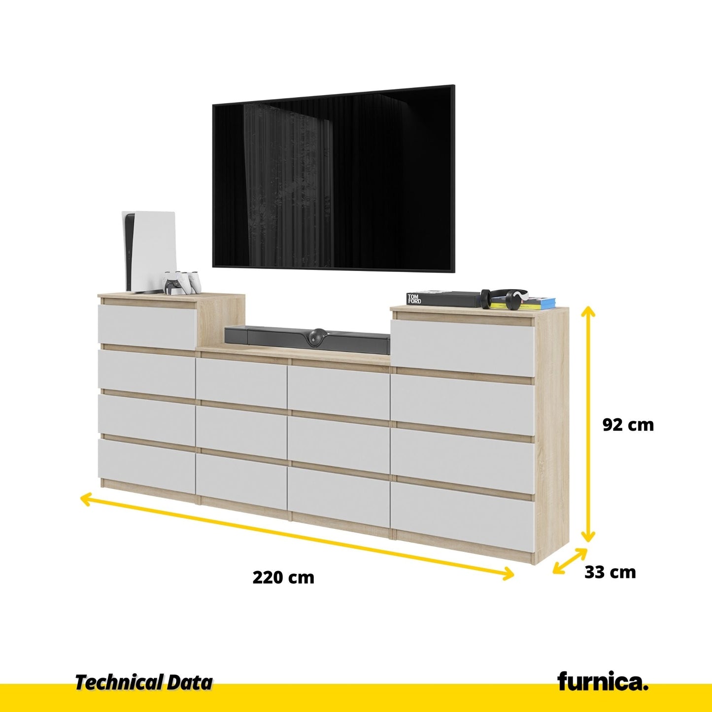GABRIEL - Komoda se 14 šuplíky (4+6+4) - Skříň na oblečení do ložnice - Sonoma dub / bílá H92cm Š220cm D33cm