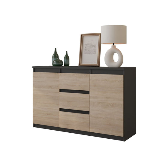 MIKEL - Komoda se 3 šuplíky a 2 dveřmi - Skříň na uložení oblečení do ložnice - Anthracit / Sonoma dub - Výška 75 cm, šířka 120 cm, hloubka 35 cm.