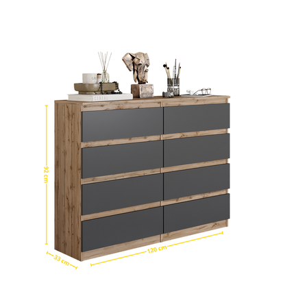 GABRIEL - Komoda se 8 šuplíky - Skříň na oblečení do ložnice - Dub Wotan / Antracit - H92cm Š120cm D33cm (2)
