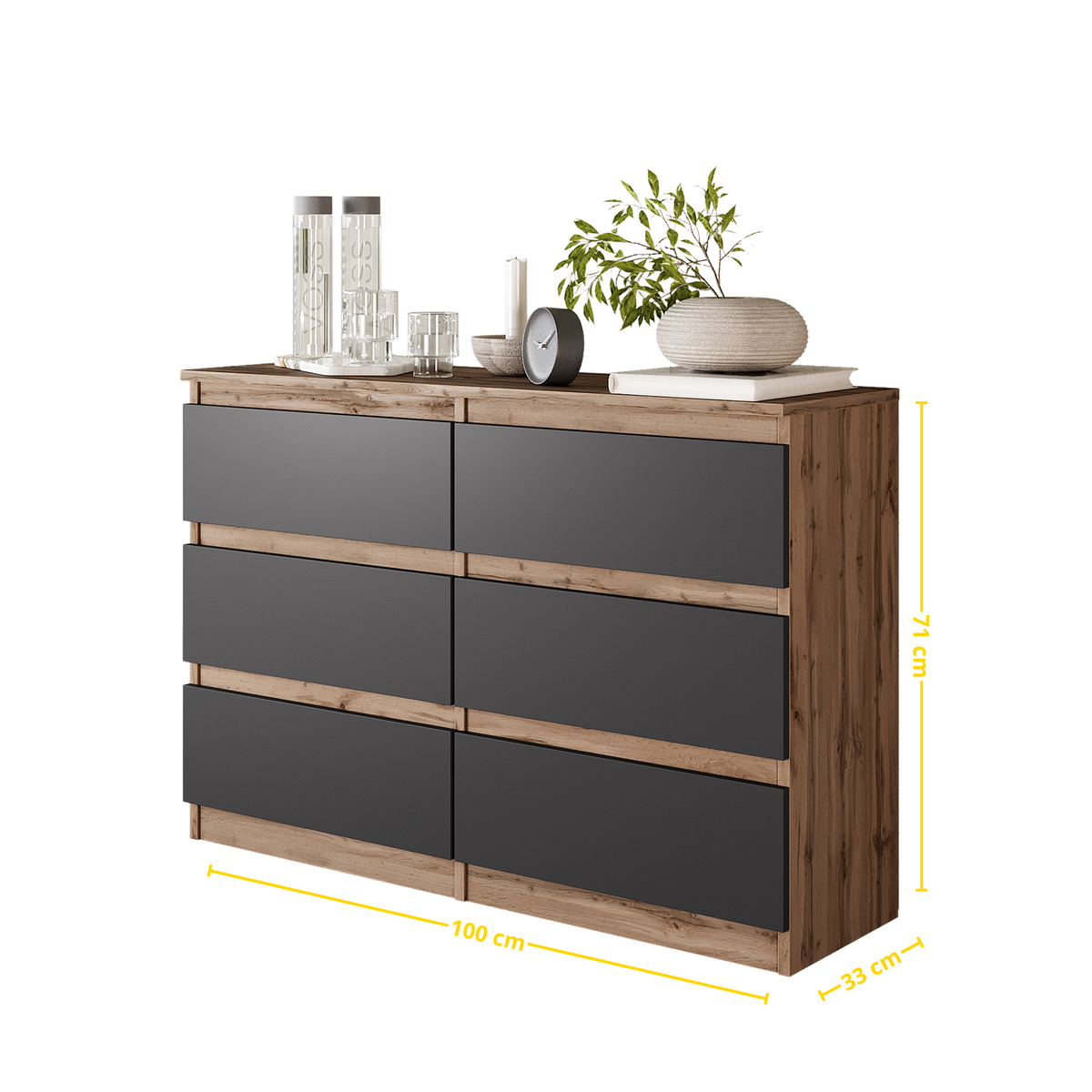 GABRIEL - Komoda se 6 šuplíky - Skříň na oblečení do ložnice - Dub Wotan / Antracit - H71cm Š100cm D33cm (2)