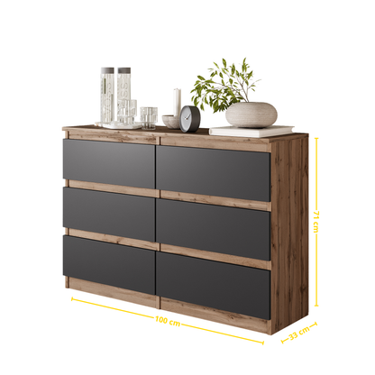 GABRIEL - Komoda se 6 šuplíky - Skříň na oblečení do ložnice - Dub Wotan / Antracit - H71cm Š100cm D33cm (2)