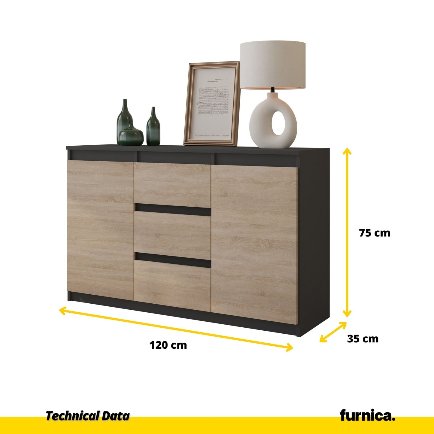 MIKEL - Komoda se 3 šuplíky a 2 dveřmi - Skříň na uložení oblečení do ložnice - Anthracit / Sonoma dub - Výška 75 cm, šířka 120 cm, hloubka 35 cm.