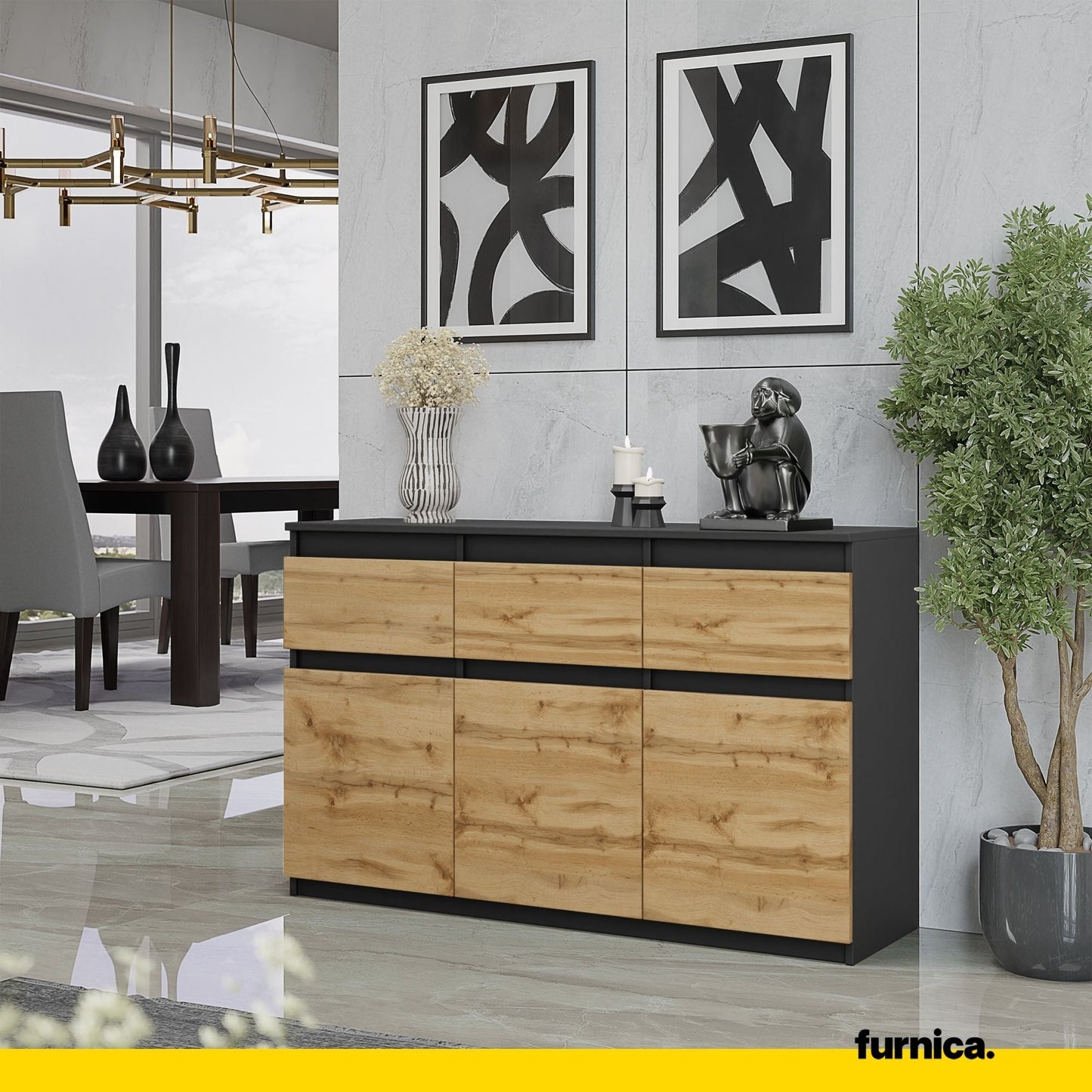NOAH - Komoda se 3 šuplíky a 3 dveřmi - Skříň na uložení oblečení do ložnice - Anthracit / Wotan dub H75cm W120cm D35cm