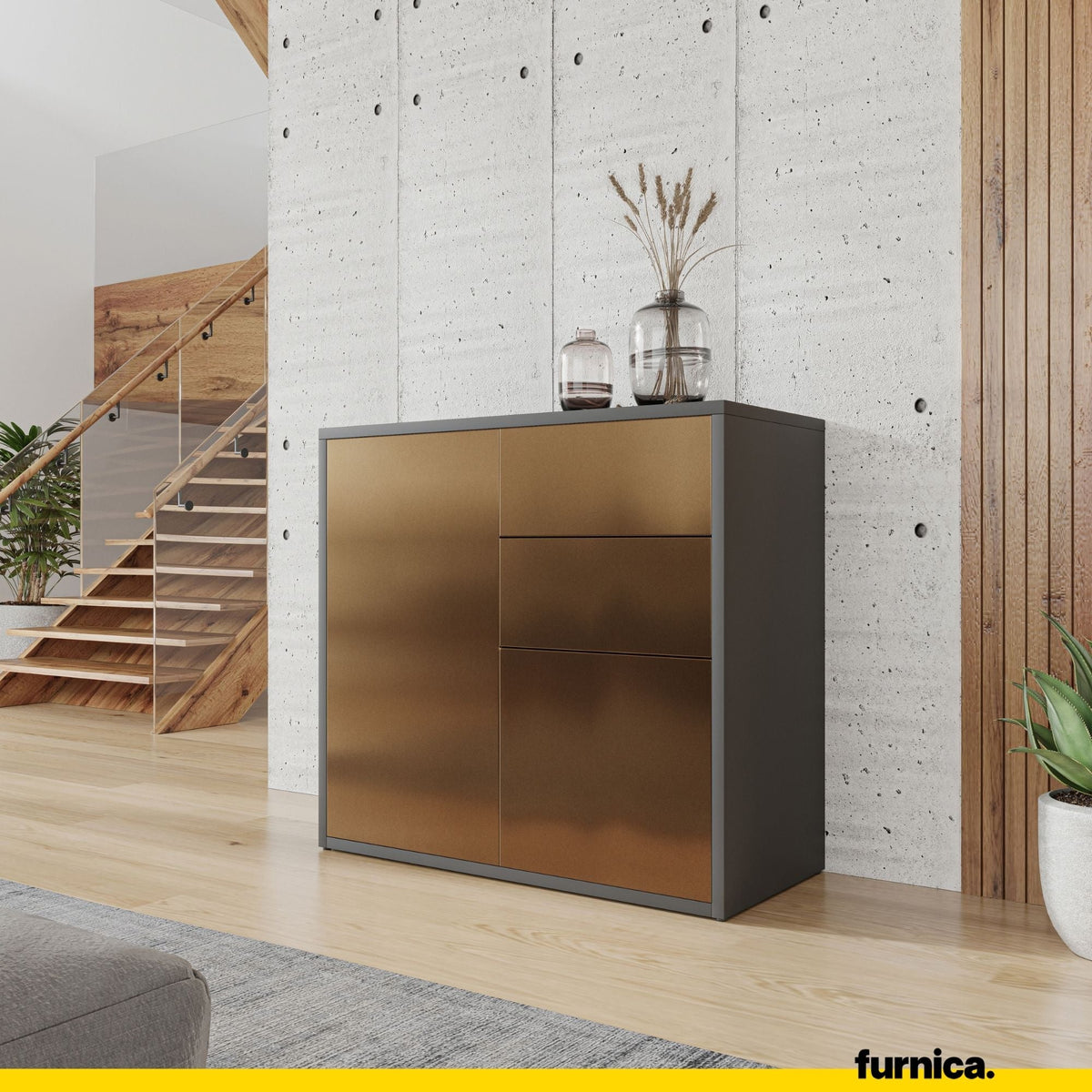 CAMILLE - Skříň s dvěma dveřmi a dvěma šuplíky s funkcí push to open - antracit / kovová měď H74cm W80cm D36cm (4) – Furnica