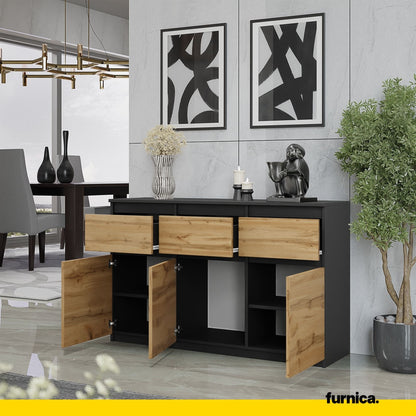 NOAH - Komoda se 3 šuplíky a 3 dveřmi - Skříň na uložení oblečení do ložnice - Anthracit / Wotan dub H75cm W120cm D35cm