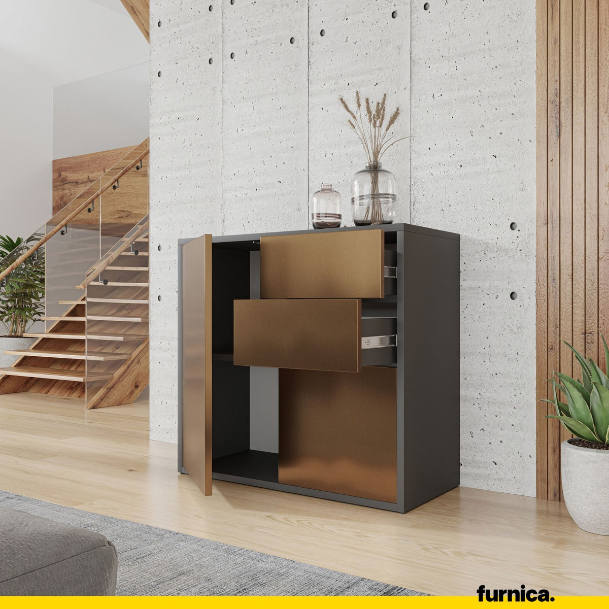 CAMILLE - Skříň s dvěma dveřmi a dvěma šuplíky s funkcí push to open - antracit / kovová měď H74cm W80cm D36cm (5) – Furnica