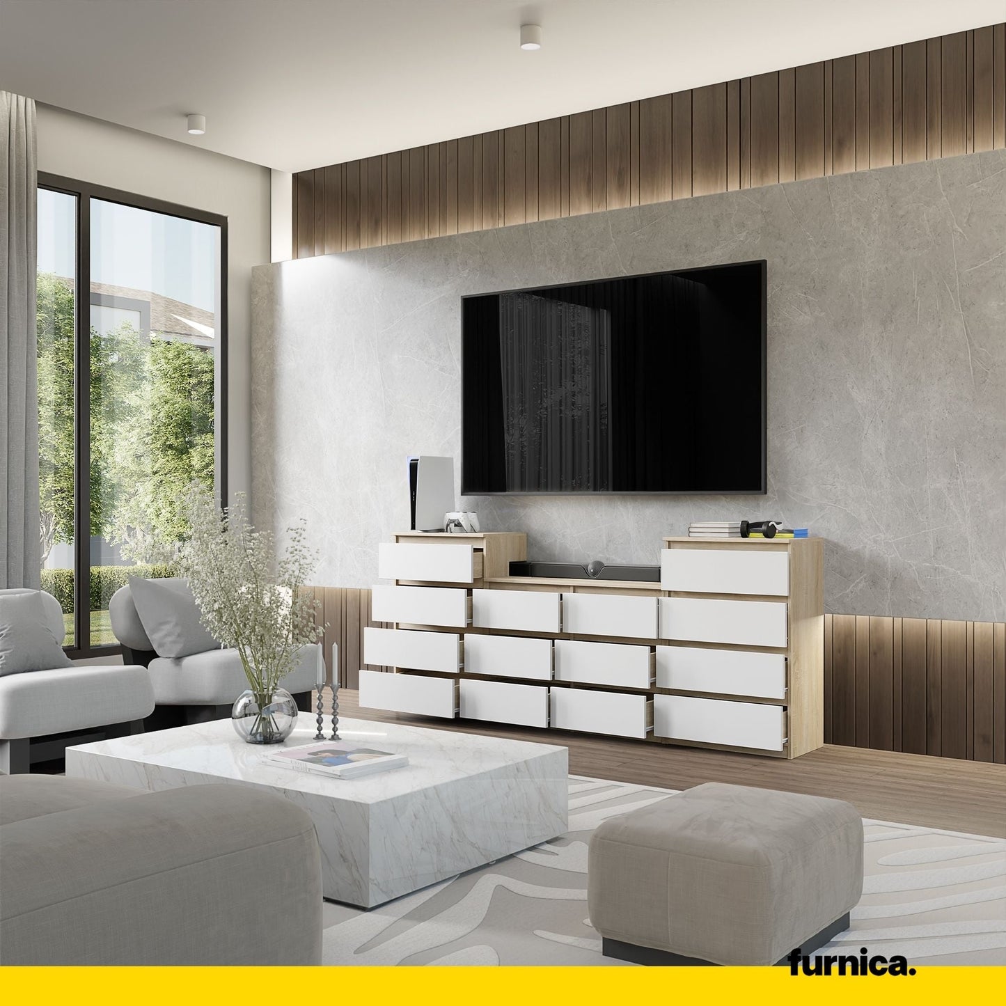 GABRIEL - Komoda se 14 šuplíky (4+6+4) - Skříň na oblečení do ložnice - Sonoma dub / bílá H92cm Š220cm D33cm