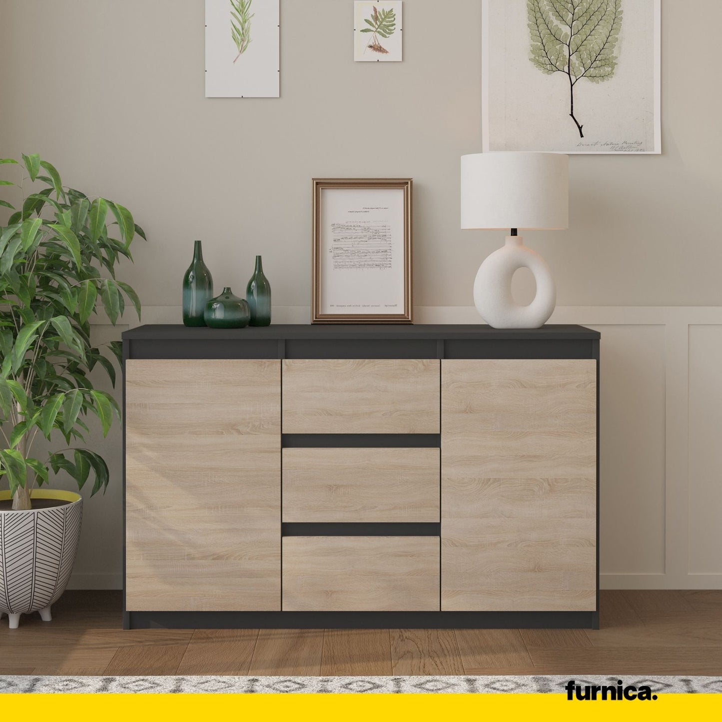MIKEL - Komoda se 3 šuplíky a 2 dveřmi - Skříň na uložení oblečení do ložnice - Anthracit / Sonoma dub - Výška 75 cm, šířka 120 cm, hloubka 35 cm.