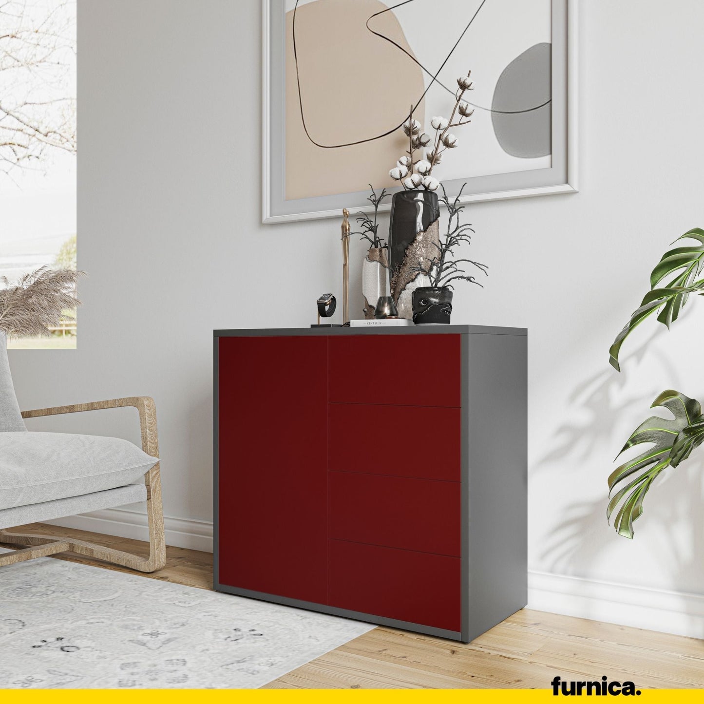 CAMILLE - Skříň s dvířky a 4 zásuvkami s funkcí push to open - antracit / bordó matná, výška 74 cm, šířka 80 cm, hloubka (4)