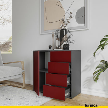 CAMILLE - Skříň s dvířky a 4 zásuvkami s funkcí push to open - antracit / bordó matná, výška 74 cm, šířka 80 cm, hloubka (5)