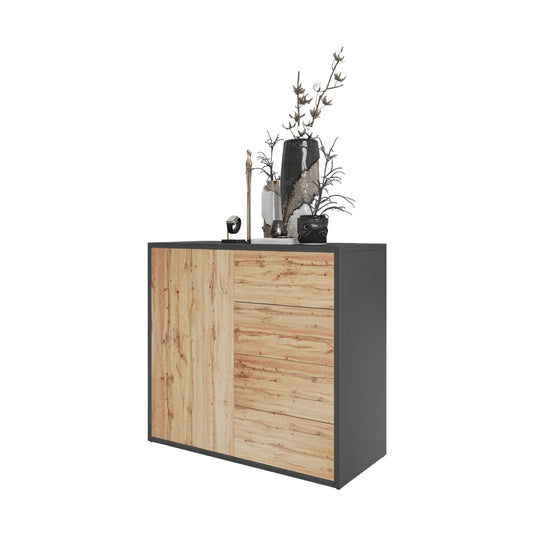 CAMILLE - Skříň s dvířky a 4 zásuvkami s funkcí push to open - antracit / Wotan dub H74cm W80cm D36cm – Furnica