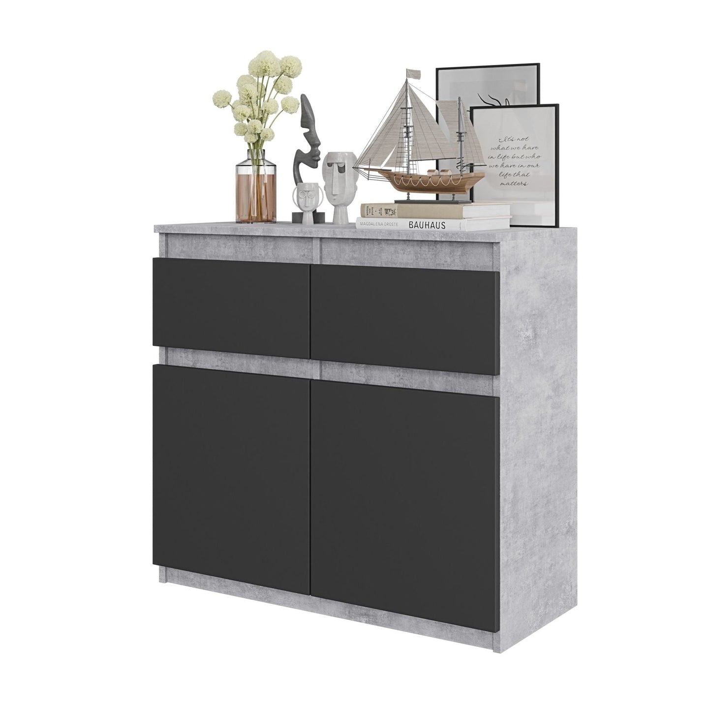 NOAH - Komoda se 2 šuplíky a 2 dveřmi - Skříň na uložení oblečení do ložnice - Beton / Antracit H75cm W80cm D35cm