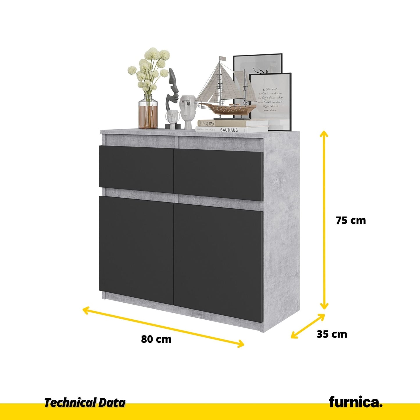 NOAH - Komoda se 2 šuplíky a 2 dveřmi - Skříň na uložení oblečení do ložnice - Beton / Antracit H75cm W80cm D35cm
