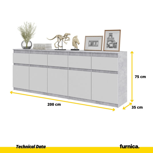 NOAH - Komoda se 5 šuplíky a 5 dveřmi - Skříň na uložení oblečení do ložnice - Betonová / Matně bílá - V: 75 cm, Š: 200 cm, H: 35 cm