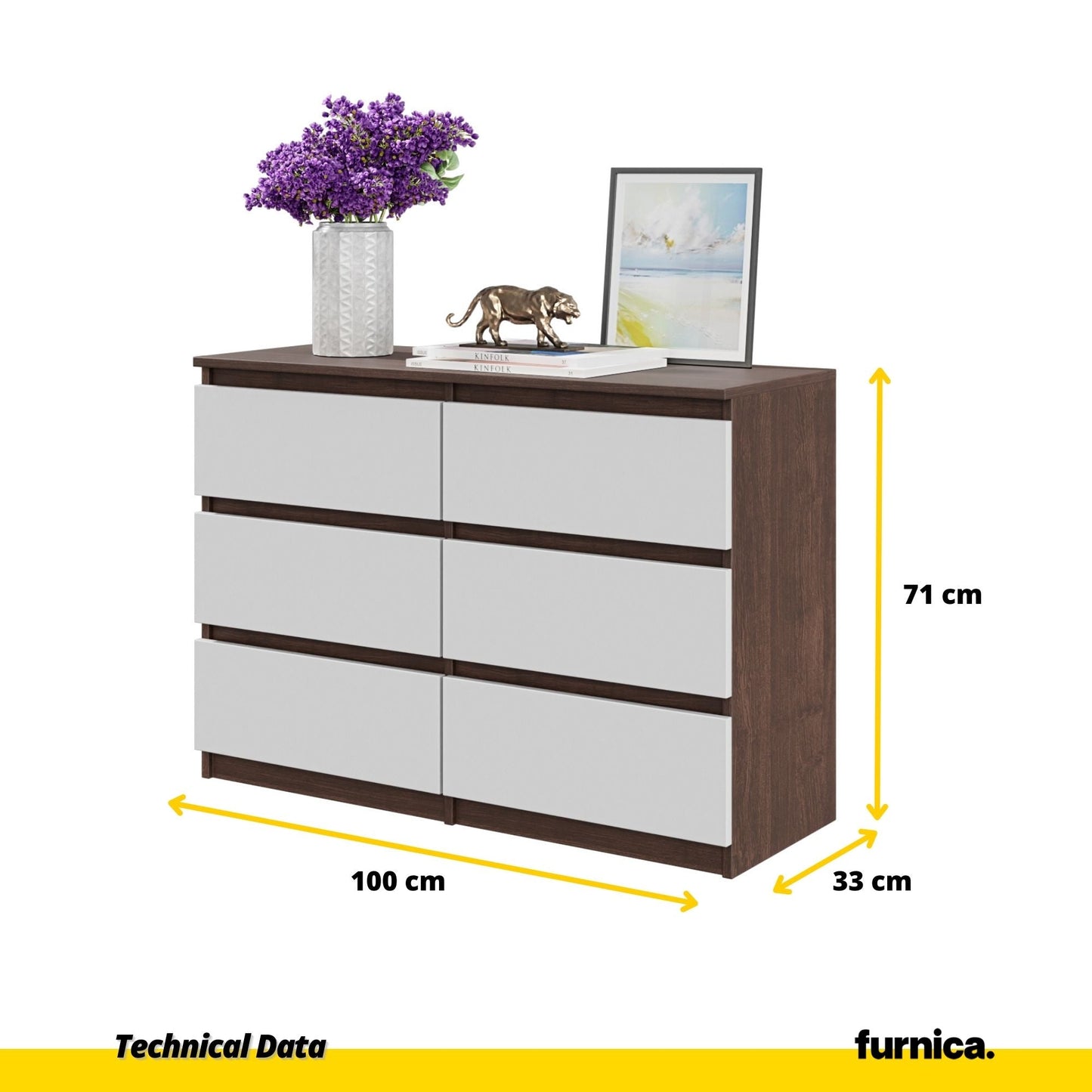 GABRIEL - Komoda se 6 šuplíky - Skříň na oblečení do ložnice - Wenge / Matně bílá - Výška 71 cm, šířka 100 cm, hloubka 33 cm.
