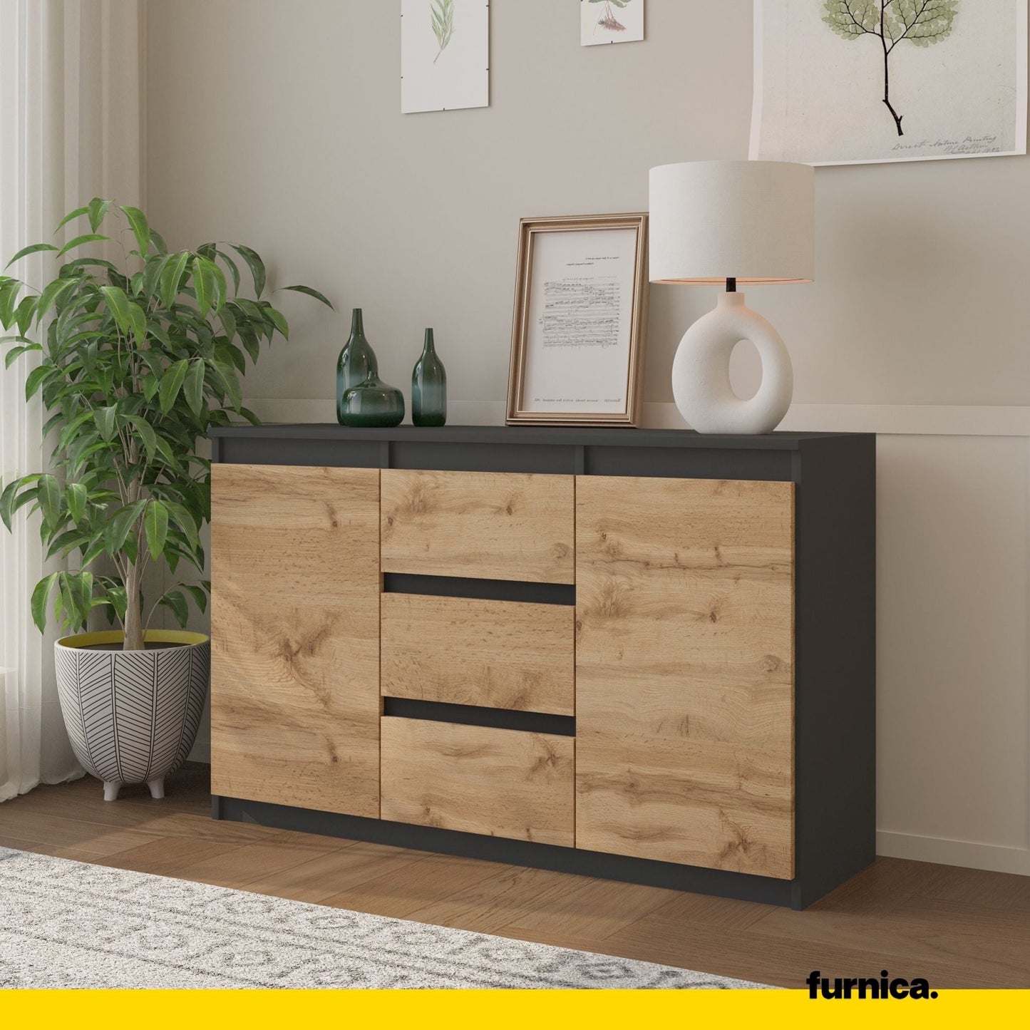 MIKEL - Komoda se 3 šuplíky a 2 dveřmi - Skříň na oblečení do ložnice - Anthracit / Wotan dub H75cm Š120cm D35cm