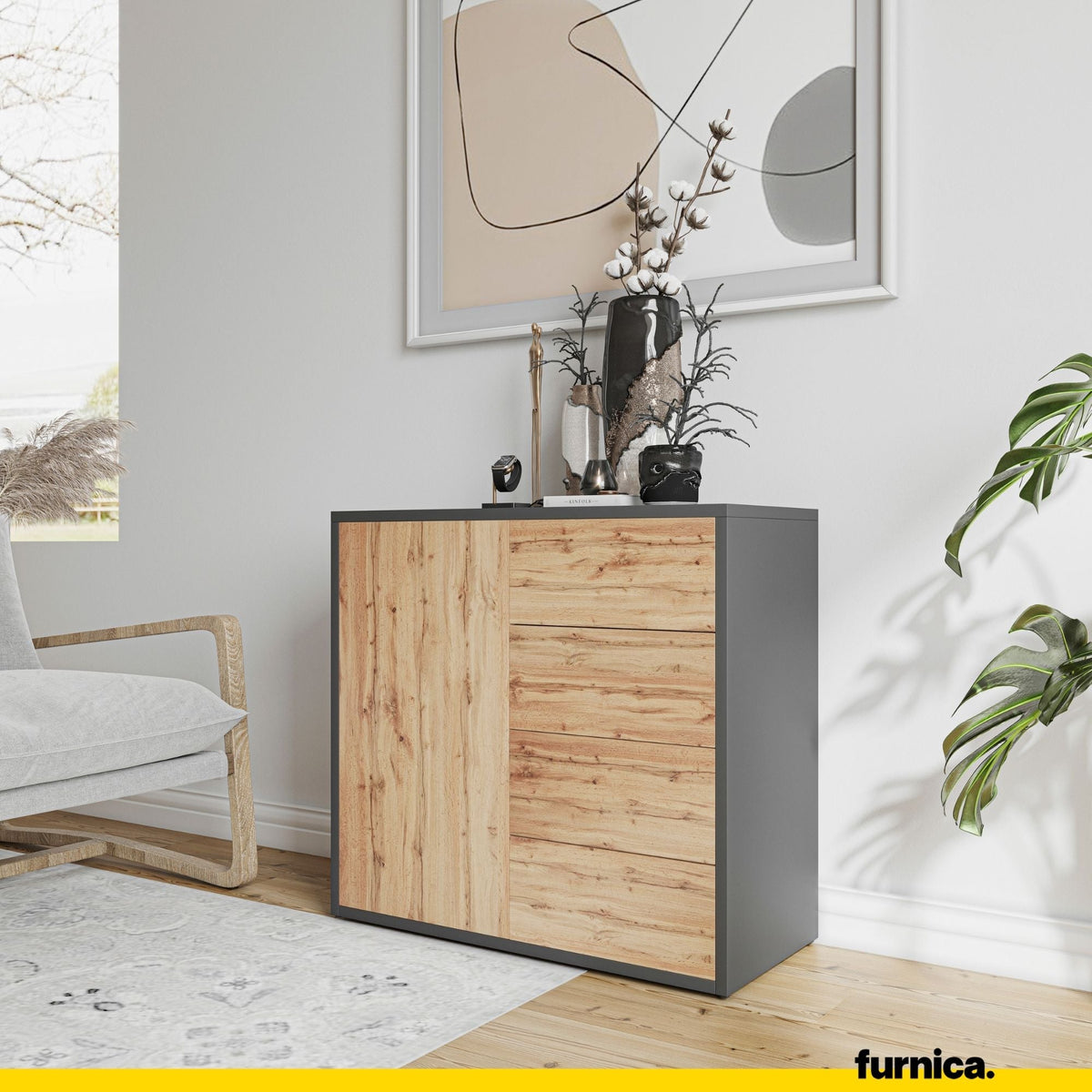 CAMILLE - Skříň s dvířky a 4 zásuvkami s funkcí push to open - antracit / Wotan dub H74cm W80cm D36cm (4) – Furnica