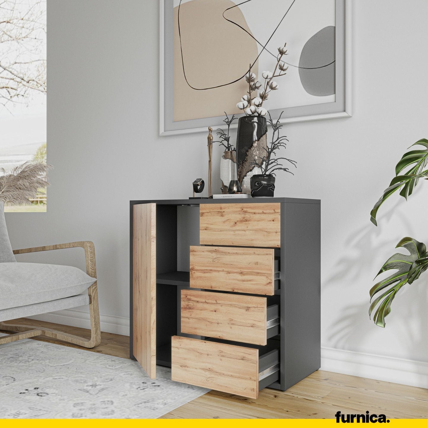 CAMILLE - Skříň s dvířky a 4 zásuvkami s funkcí push to open - antracit / Wotan dub H74cm W80cm D36cm (5) – Furnica