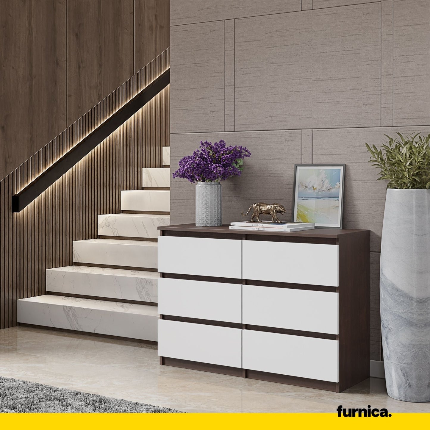GABRIEL - Komoda se 6 šuplíky - Skříň na oblečení do ložnice - Wenge / Matně bílá - Výška 71 cm, šířka 100 cm, hloubka 33 cm.