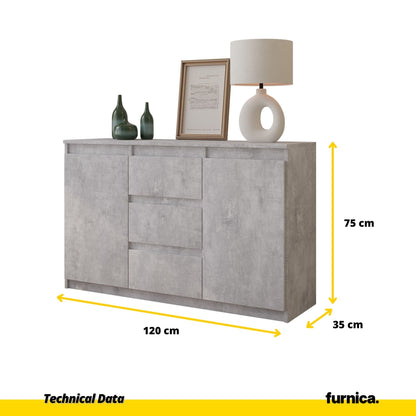 MIKEL - Komoda se 3 šuplíky a 2 dveřmi - Skříň na oblečení do ložnice - Betonová - Výška 75 cm, šířka 120 cm, hloubka 35 cm.